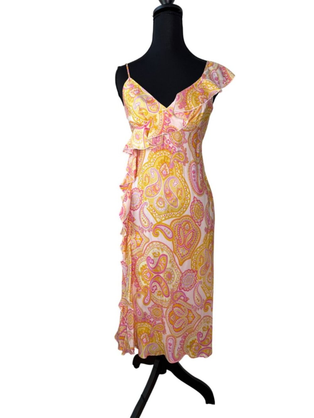 Banana Republic Vintage 100% Silk Ruffle Midi Dress Pink Paisley Size 2 Y2K